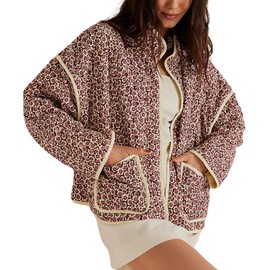 Meyhad Womens Cropped Quilted Lightweight Jackets Floral Printed Open Front Puffer Coat Cardigan(0716-Pink03-S)