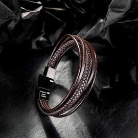 murtoo Men's Bracelet, Stainless Steel, Genuine Leather Bracelet, Natural Stone Braided with Magnetic Clasp., Stainless Steel