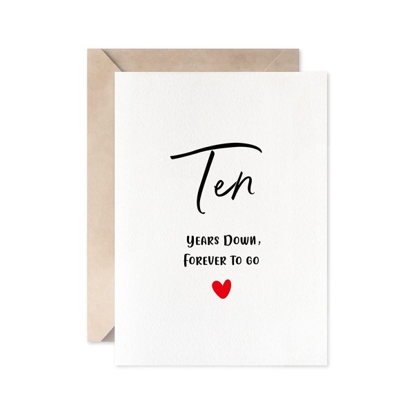 10th Anniversary Card, Ten Years Down Forever To Go, Romantic Valentines Day Wedding Card For Husband Wife