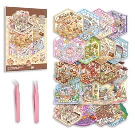 Lifegogo 20 Sets DIY 3D House Stickers Kit: 3D Sticker Scene Miniature Sticker Therapy Store Collection Book Reusable Stress Relief Stickers Scenes with Pink Clips for Adults and Kids