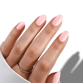 Light Pink Press on Nails Short - GJZEZ Soft Gel Spring Round Glue on False Manis for Women, Salon-Like Realistic Thick Stick on Faux Manicure Gifts | 16 Sizes - 32 pcs Press Ons, Pastel Pink