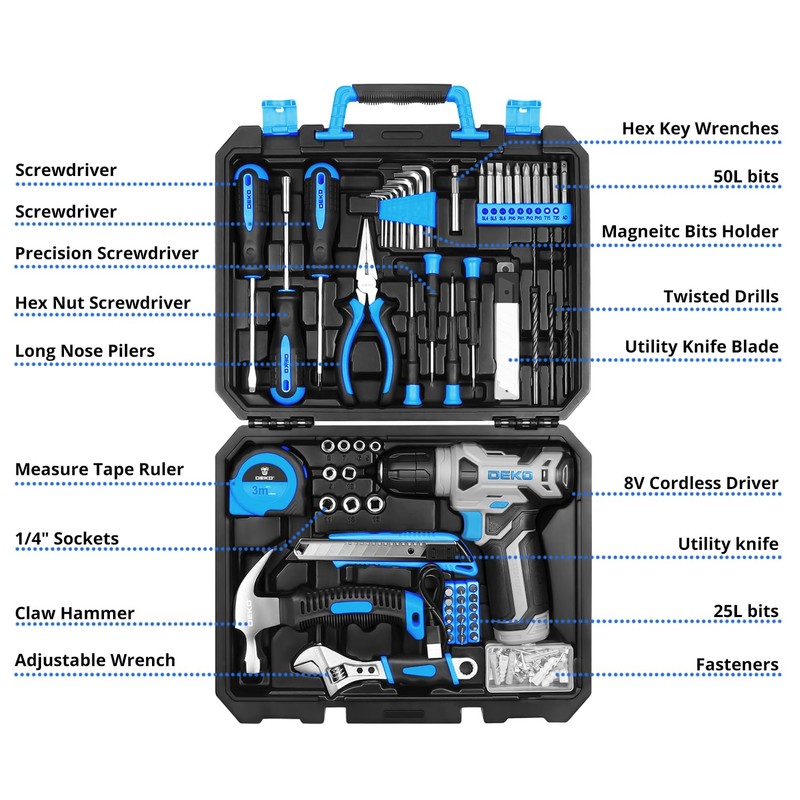 DEKOPRO Drill Set: Tool Set with 8V Blue Cordless Drill,