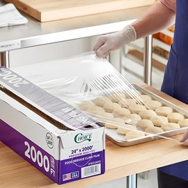 OCS Parts 24-Inch x 2000-Feet Large Roll Food Service Cling Film | Commercial Clear Plastic Food Wrapping Film with Serrated Cutter