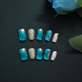Tesytto Luxury Blue Cat Eye Press on Nails, Handmade 3D Short Square Nails Glitter Blue & Gold Ombre with Heart Line Art and Rhinestone Accents (Neon Cat Eye,S)