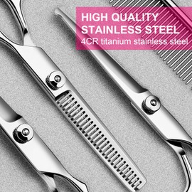 6 in1 Professional Dog Grooming Scissors Kit, Dog Scissors for Grooming with Safety Round Tips, Titanium Coated Grooming Scissors Kit for Dogs Cat Pet At Home