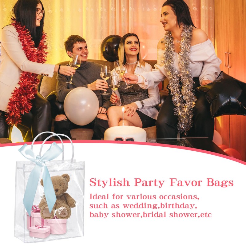 8 Pack Clear Plastic Gift Bags with Blue Ribbons, 23×