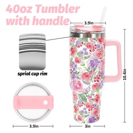 JarThenaAMCS Colorful Flower Tumbler with Lid and Straw 40oz Spring Summer Watercolor Floral Tumbler with Handle Stainless Steel Cup for Iced Coffee Hot Drink Home Office Travel