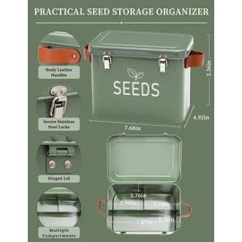 Candco Seed Storage Organizer, Metal Seed Saving Box with Leather Handles and Safety Locks, Seed Packet Container with 10 Fruits Protection Bags, 30 Plant Labels, 20 Seed Envelopes, 1 Marker Pen
