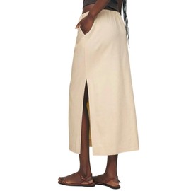 IDEALSANXUN Womens Cotton Linen Skirts Trendy Elastic Waist Drawstring Long Skirts with Slit, Khaki, Medium