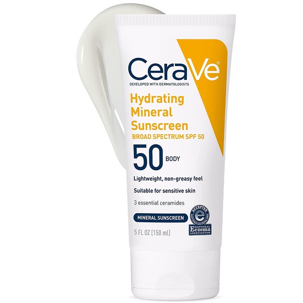 CeraVe 100% Mineral Sunscreen Spf 50 | Body Sunscreen With Zinc oxide & Titanium Dioxide for Sensitive Skin | 5 Oz, 2 Pack