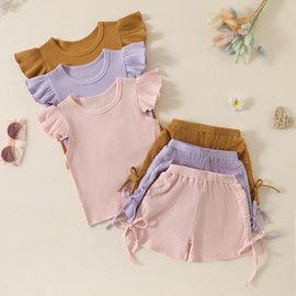 shunvbasha Toddler Baby Girl Summer Clothes Ruffle Ribbed Knit Short Sleeves T-Shirt Tops + Shorts Cute Outfits Set Yellow