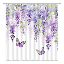 JEJOMEAG Purple Floral Butterfly Shower Curtain Vine Wisteria Blossom Watercolor Flowers Botanical Rustic Farmhouse Fabric Bathroom Curtain with Hooks, 70Wx70H