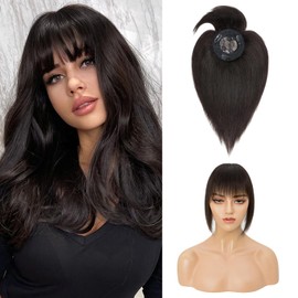 Hairro Hair Toppers with Bangs 100% Real Remy Human Hairpiece for Women 8.5 * 8.5cm Clip in Mono Base Topper Cover Thinning Hair Loss 10 inch Natural Black
