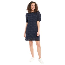 London Times Women's Dresses Summer Puff Sleeve Mini Dress for Women | Short Cotton Eyelet Womens Dresses, Navy Blazer, 14