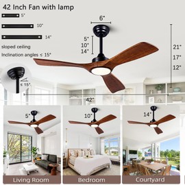 Ceiling Fans with Lights, 42 Inch Ceiling Fans with Remote/APP Control,3CCT Dimmable Light,Noiseless Reversible DC Motor,3 Solid Wood Blades,Indoor/Outdoor Ceiling Fan for Bedroom,Farmhouse,Patio