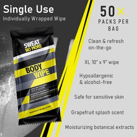 Sweat No More Body Wipes With Nourishing Botanical Extracts Pack of 50ct Individually Wrapped 10x9” Extra Large Wipes Perfect For Gym, Outdoor Activities To Refresh And Remove Sweat, Dirt, Body Odor