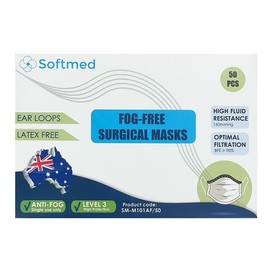Softmed Fog-Free Fluid Resistant Level 3 Earloop Surgical Face Mask X 50