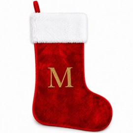 Letter M Red Christmas Stocking Embroidered Plush Xmas Stocking for Kids