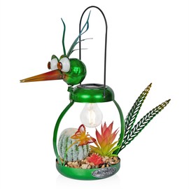 Alpine Corporation LYT292SLR-HH Solar-Powered Metal Heron w/Garden Enclosed LED Light Decor, Solar Patio Decor, 16''H, Green