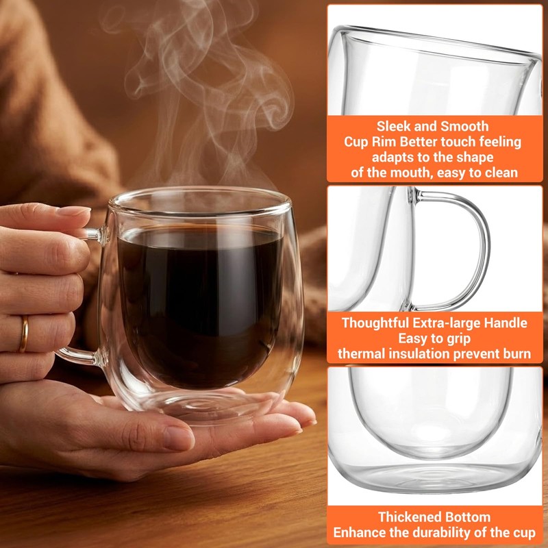 4 Pack Double Walled Glass Coffee Mugs with Handle, 10oz