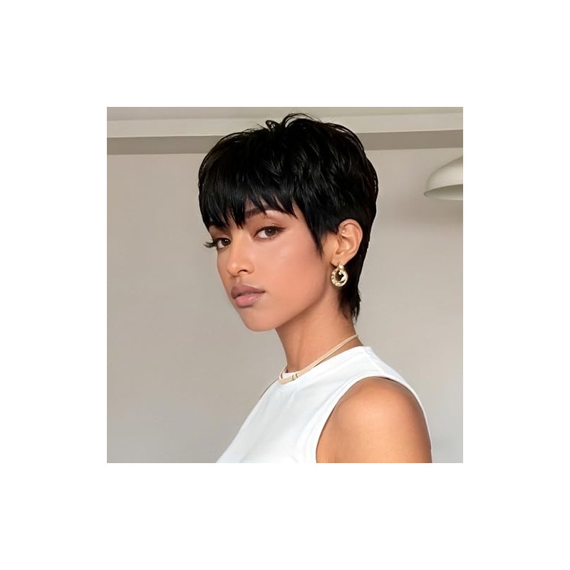 SAEIALL Peluca de cabello humano corto negro con corte pixie