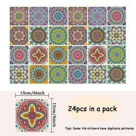 BANLMEYD 24pcs Mandala Tile Stickers Colorful Bathroom Tile Stickers for Kitchen Bathroom Living Room Fireplace Stairs Backsplash Home Waterproof Moroccan Stickers for Tile 6"x6" 15x15cm