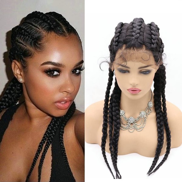 SereneWig 1B black 5 x box of braided wigs with baby hair, synthetic lace front wigs for black women, handmade long braided synthetic women's wigs