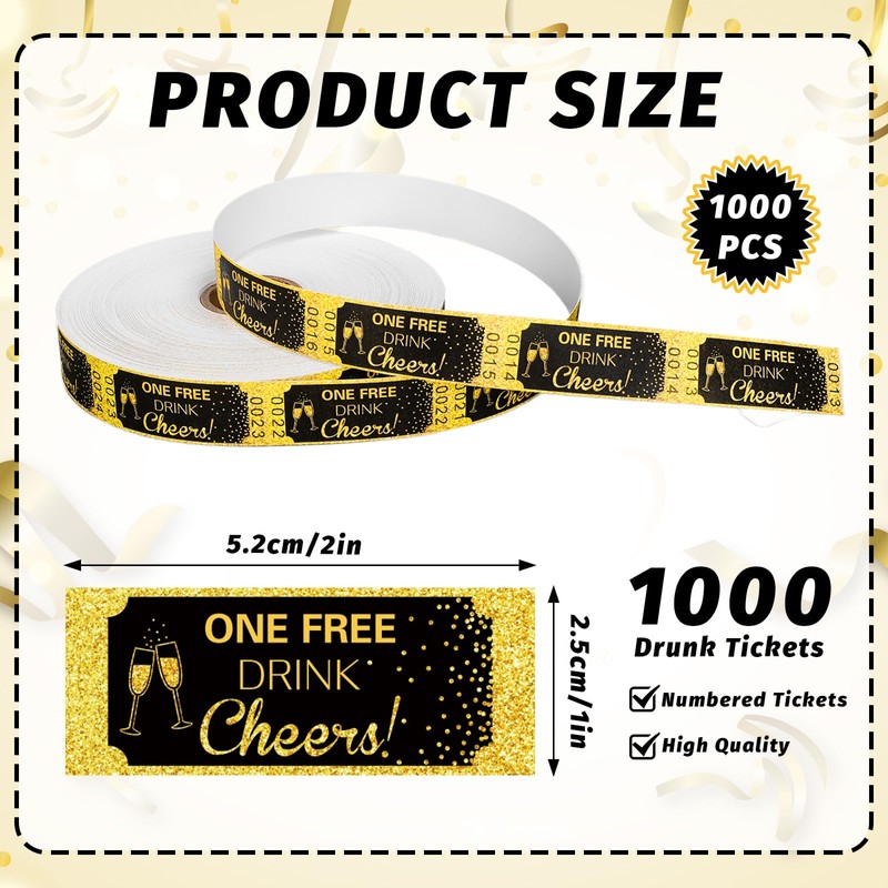 FYSUIMU 1000Pcs Black Gold Drink Tickets Roll Single Raffle Tickets