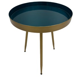 The Urban Port Enid 19 Inch Side End Table, Iron Brass Plating, Enamel Blue Top, Modern Sleek Angled Legs