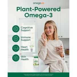 OmegaVia Vegan Omega 3 Supplement, Algae Omega 3 Fish Oil Alternative, 300mg Vegan DHA Fatty Acids, Plant Based, Planet and Ocean Friendly, IAOS 5 Star Tested, 60 Softgels