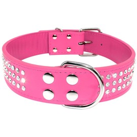 Berry Pet Rhinestones Dog Collar - 1.5" Width Leather Made with Sparkly Crystal Diamonds Studded - Shining Pet Appearance for Medium & Large Dog Walking14.5-18.5"(19.5) Hot Pink