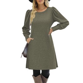 Zeagoo Womens Fall Dresses Soft Winter Sweater Dresses for Women 2025 Knitted Pullover Dress with Pockets, Army Green L