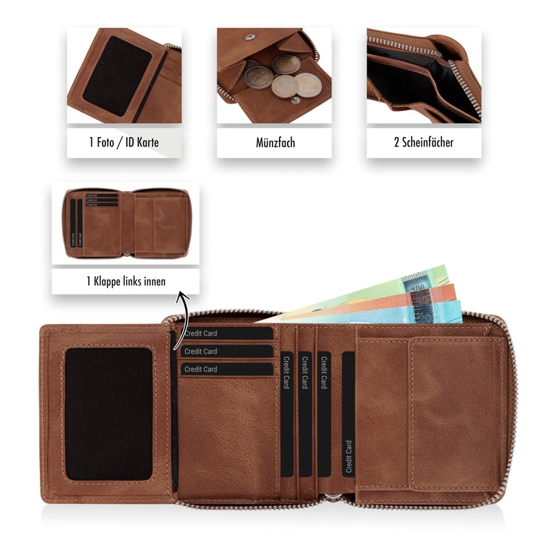 Brown Bear Wallet Zip Leather RFID Protection & Coin Compartment