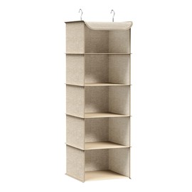 SONGMICS Hanging Organizer Closet Organizer Hanging Shelf Hanging Storage Foldable Space Saving Metal Hooks and Bamboo Inserts Linen Like Texture Sand Beige RCH005Y01