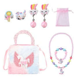 WUFGWBD 1 Plush Cartoon Small Shoulder Bag, 6 Children'S Jewelry And 1 Mesh Bag, Girls' Crossbody Bag, Cute Crossbody Bag, Plush Coin Purse