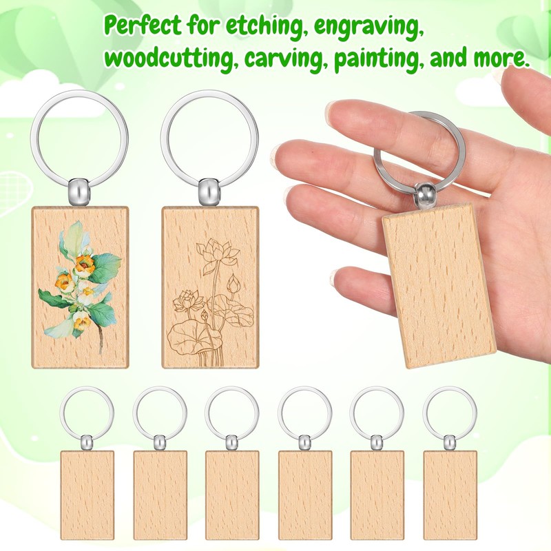 50Pcs Wood Keychain Blank, Unfinished Laser Engraving Blanks