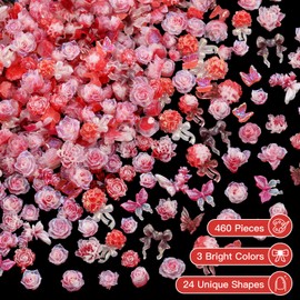 460 Pieces Dreamy Rose Camellia Flower Nail Charms 3D Cute Butterfly Bow Charms for Nails, Pink Black Stamen Nail Supplies for Women Nail Art Design DIY Crafts Jewel Accessories (Red)