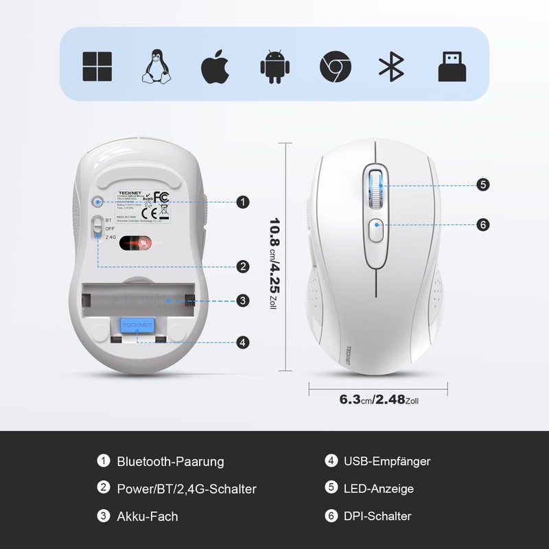 TECKNET Maus Kabellos, Bluetooth Maus (Tri-Mode: BT 5.0/3.0+2.4GHz) Funkmaus mit