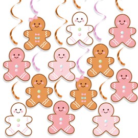 K KUMEED 20 Pcs Gingerbread Man Party Hanging Swirls Ceiling Streamers,Pink and Gingerbread Christmas Theme Party Supplies for Birthday Decorations Baby Shower