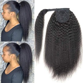 Afro Kinkly Straight Ponytail Remy Human Hair Extension Wrap Around Italian Coarse Curly Top Closure Clip Ins Yaki Straight Ponytail Hairpiece Black Women 100g/Piece 16"inch