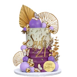Decoración bohemia para tartas de feliz cumpleaños con bolas, mariposas, eucalipto para bodas, baby shower, niños, niñas, suministros para fiestas temáticas de cumpleaños (morado)
