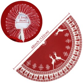 Fayavoo Large Christmas Tree Skirt, 48 Inch Red Christmas Tree Skirt with Snowflake and Reindeer, Thick Knitted Double-Sided Rustic Xmas Tree Skirt for Indoor Holiday Party Christmas Tree Decoration