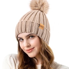 REDESS Womens Winter Knitted Beanie Hat Warm Fleece Lined with Pompom Cap Thick Slouchy Snow Knit Skull Ski Cap