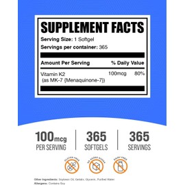 BulkSupplements.com Vitamin K2 Softgels - Vitamin K2 MK7, Vitamin Supplements - Gluten Free, 1 Softgel per Serving, 365 Count (Pack of 1)