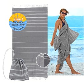 CalmyBEACH 2-in-1 Hammam Towel Backpack Beach Towel Bath Towel - 100% Cotton Hamam Beach Towel 180 x 90 cm Cotton Towel for Men and Women Yoga Towel Travel Towel (Anthracite)