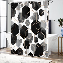 deFouliao Black Shower Curtain Modern Abstract Geometric Grid Bathroom Curtain Sets for Bathtub Home Art Decor, Waterproof Fabric Washable with Hooks, 72x72 Inch