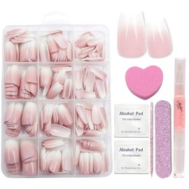 Virellay 240 Pcs Press On Nails - Nude Gradient Artificial Fingernails (Coffin Pink Gradient, 240 Pieces)