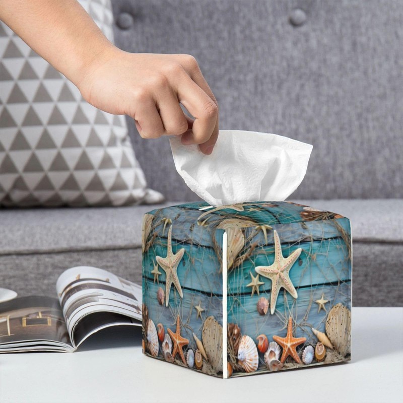 Starfish Seashell Summer Square Tissue Boxes, Tissue Box Holder 5.2"x5.2"x5.2"