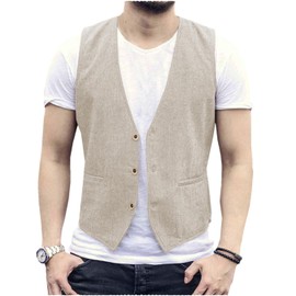 AeoTeokey Men's Summer Linen Vest Suit Vest Casual Vest Regular Fit, beige