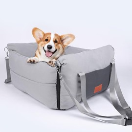 Medium Dog Car Seat for Medium Sized Dogs, Car Seat for Small Dogs with Side Zipper, Waterproof Dog Travel Bed in car with Storage Pockets Up to 25lbs, Memory Foam Filling for Max Support, Light Gray